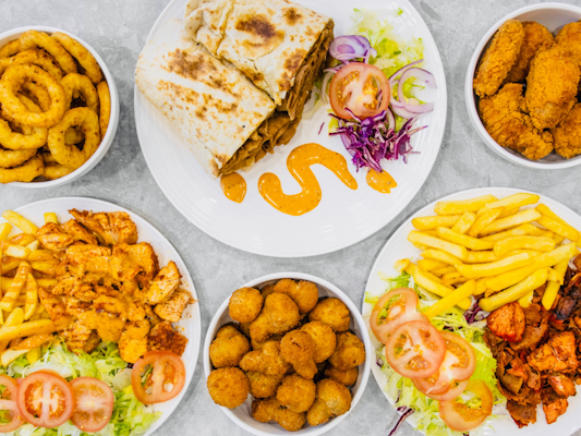 Mixed platter of Middle Eastern food. 