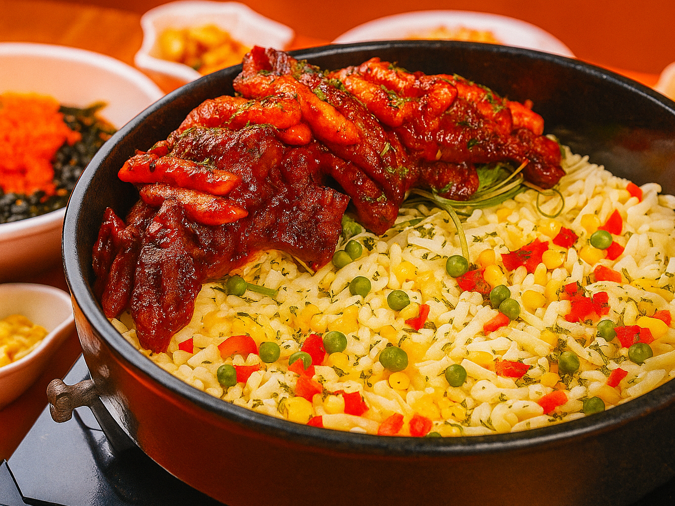 Juicy grilled BBQ chicken on a bed of seasoned rice — hearty, flavorful, and satisfying.