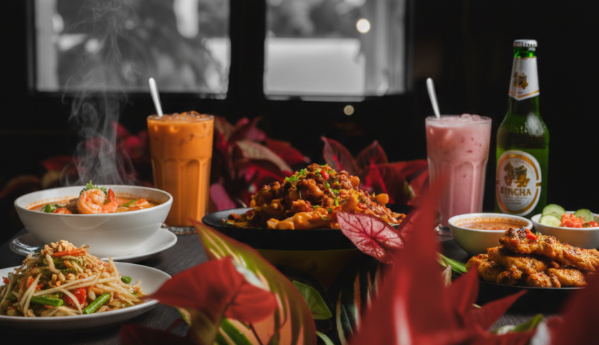 A vibrant spread of authentic Thai cuisine at Pad Thai Café London, featuring spicy Tom Yum soup, fresh Papaya salad, crispy wings, and traditional Thai iced tea against a dark, moody background