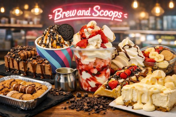 Colourful display of sundaes, cheesecakes, waffles and desserts at Brew and Scoops, showcasing rich toppings like Oreo, chocolate sauce, strawberries and whipped cream.