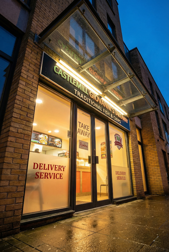 Storefront of Giovanni’s Takeaway at Unit 7 Castle Mill Shopping Centre, Balbriggan, featuring warm interior lighting and modern architectural photography of the brick exterior