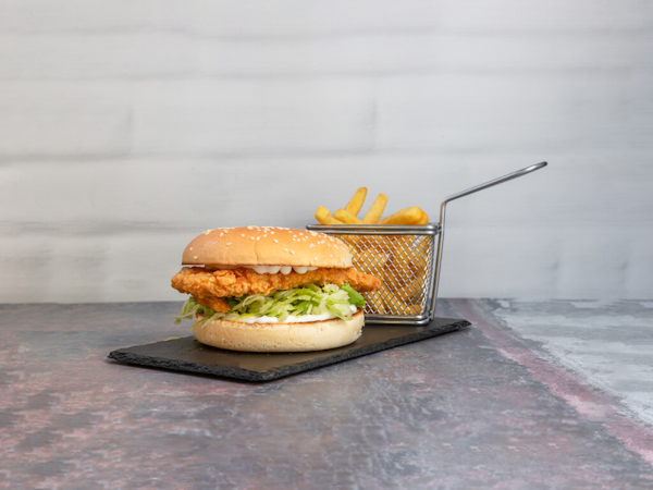 chicken burger and chips
