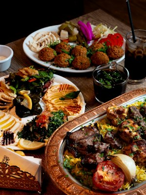 Damasqino mixed grill with rice, falafel, hummus and fresh Lebanese and Syrian mezze