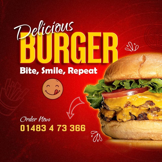 Burger as advertisement, phone number for calls in the picture.
