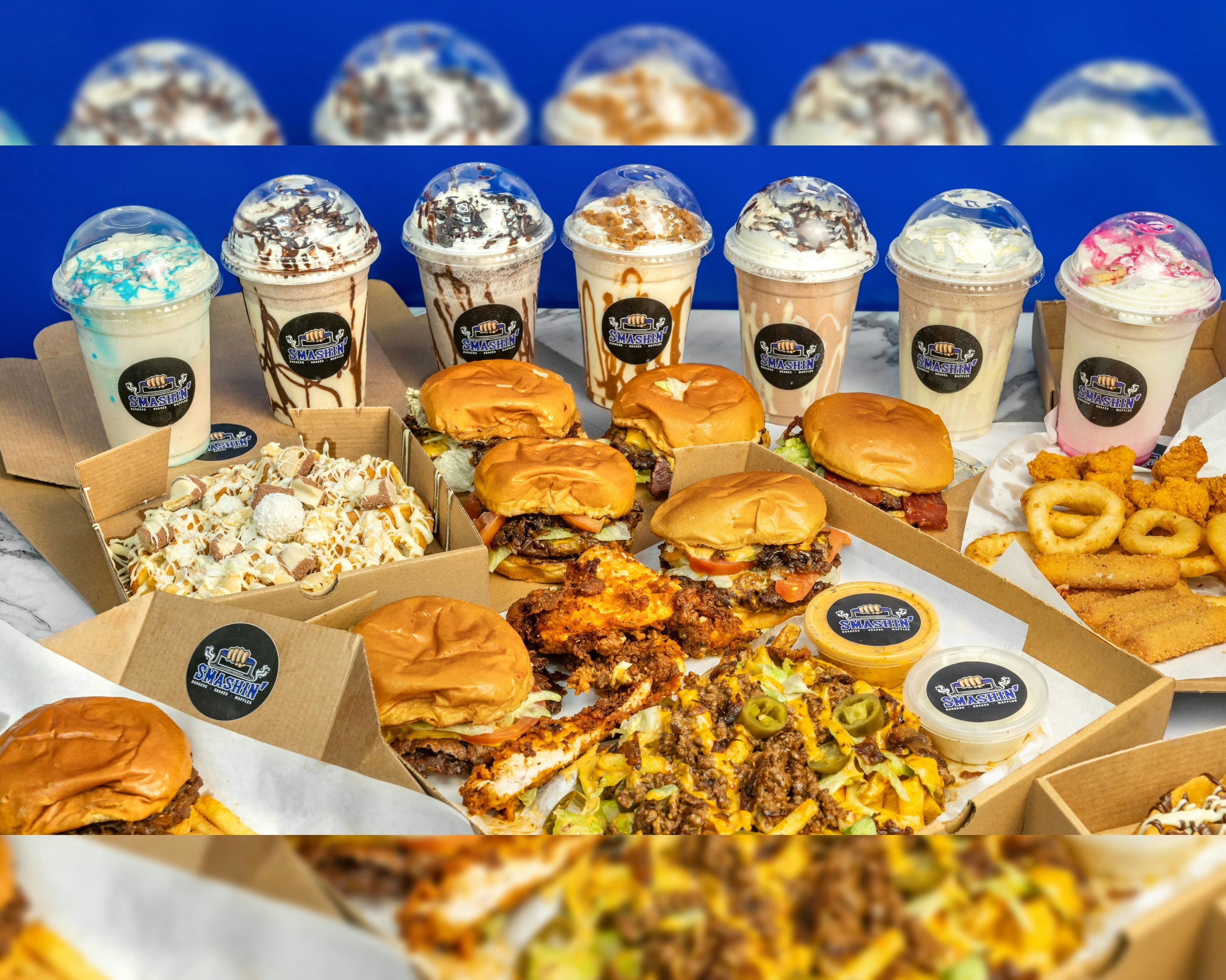 Milkshake waffle burger tenders sauces