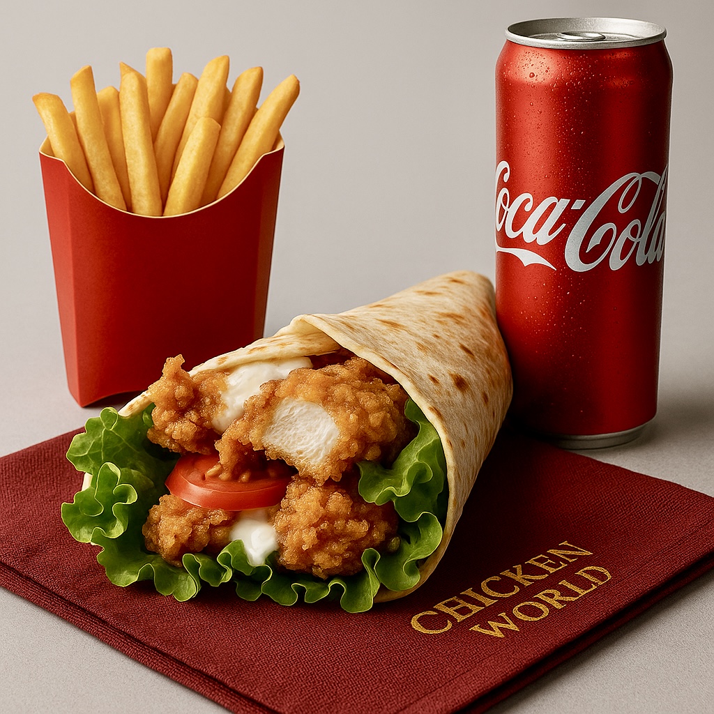 Wrap au poulet croustillant halal avec salade et sauce, accompagné de frites et boisson, menu rapide chez Chicken’s World Paris 13.