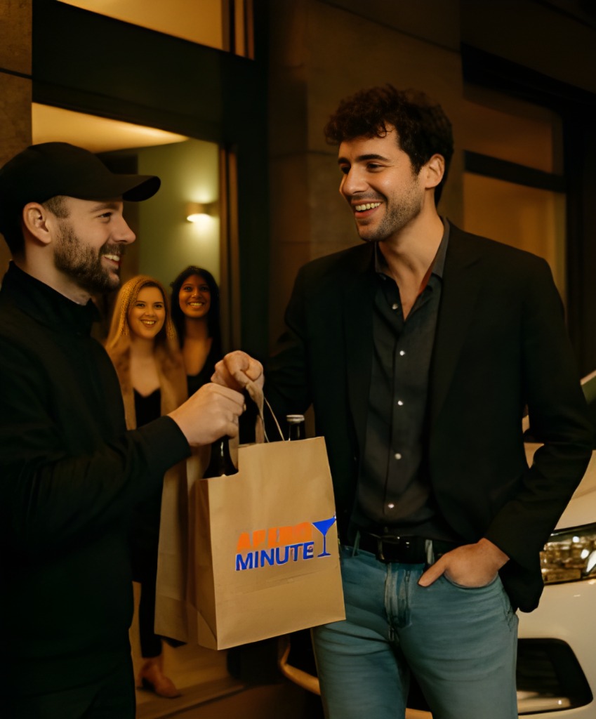 Livraison d'apéro en moins de 30 minutes à Rennes : un livreur Apéro Minute remet un sac de boissons fraîches à un client souriant devant son domicile.