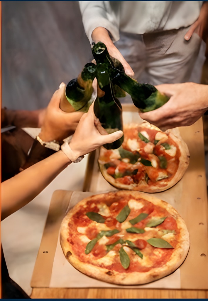 Une soirée à Rennes où des amis boivent une bière dans leur salon autour de pizzas.