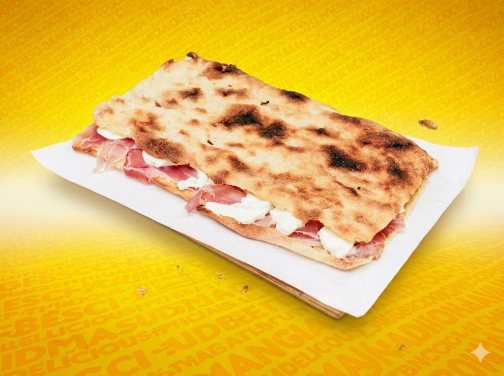 pala di pinsa romana farcita con prosciutto crudo e fior di latte. Croccante fuori, morbida all'interno