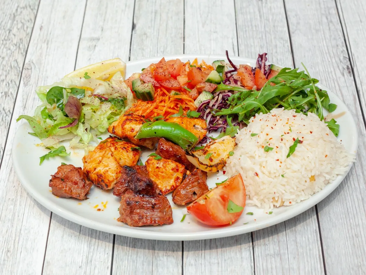 Authentic Turkish restaurant food featuring grilled meats, rice platters and Mediterranean meze.