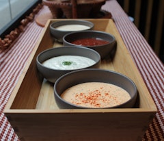 Kebanos Signature Sauces: Red Garlic,  Garlic Mayo,  Yogurt Sauce, and  Spicy Sauce.