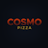 Cosmo Pizza logo - red and gold modern typography on a dark background.